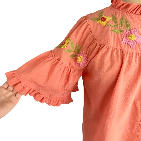 Ivy Jane Button Down Boho Top MED Floral Embroidered Ruffled Bell Sleeve Cottage - Picture 4 of 10